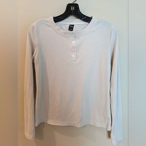 Ribbed Henley, long sleeve, round neck, Cream/Beige, Sz M